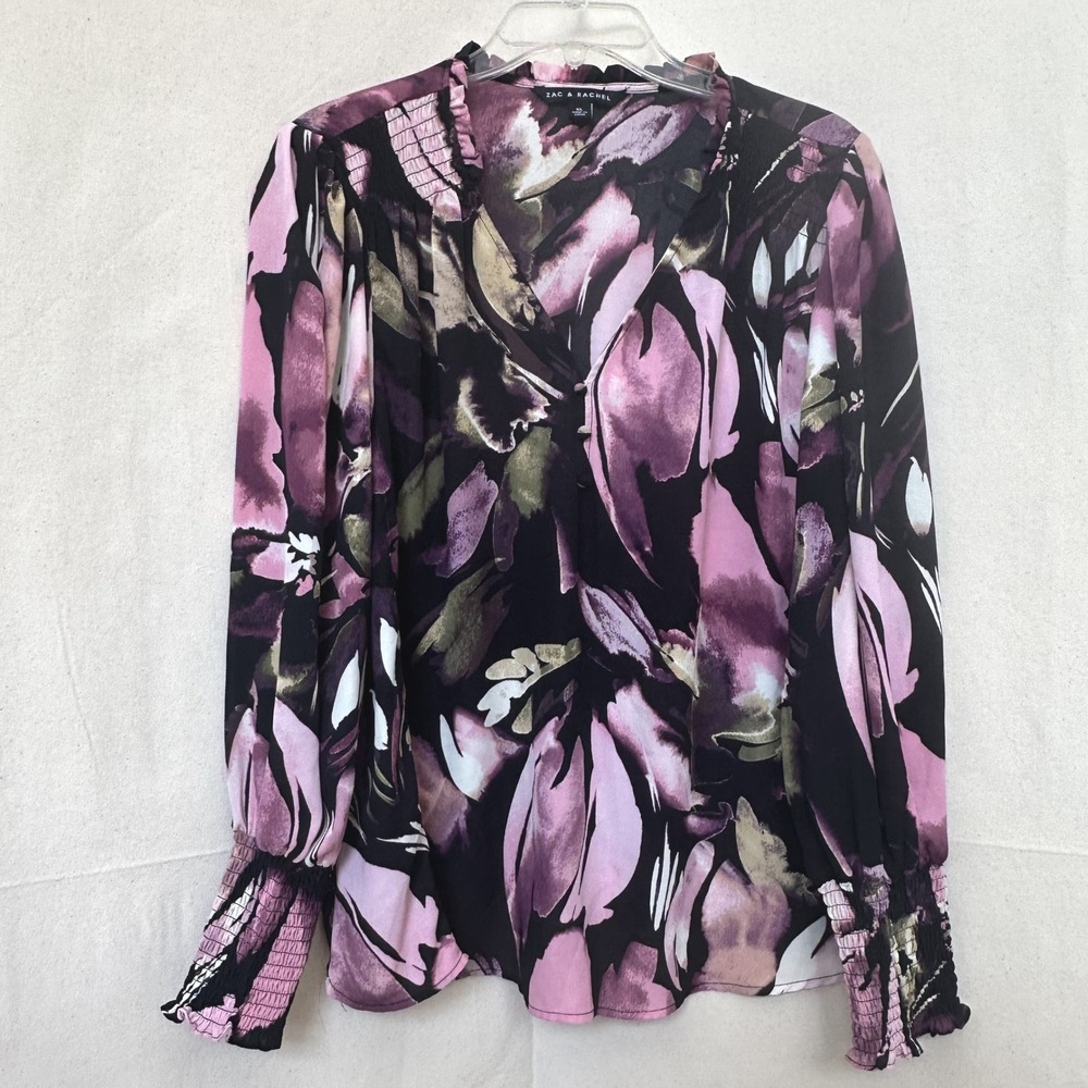 Zac & Rachel Whimsy Purple Dark Fairy Floral Smocked Cuff V-Neck Blouse Office